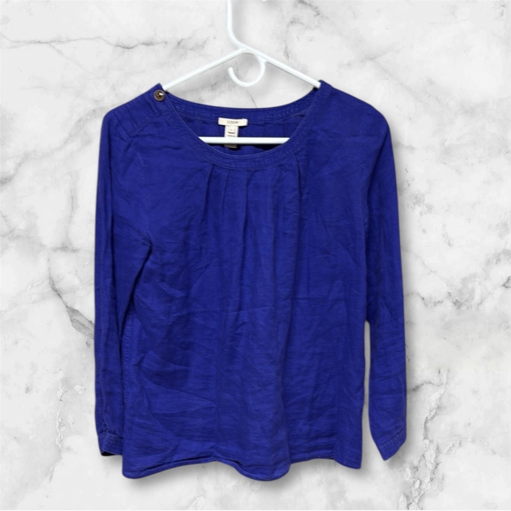 J. Crew Blue linen Pleated Blouse size small long sleeve scoop neck sz 2
